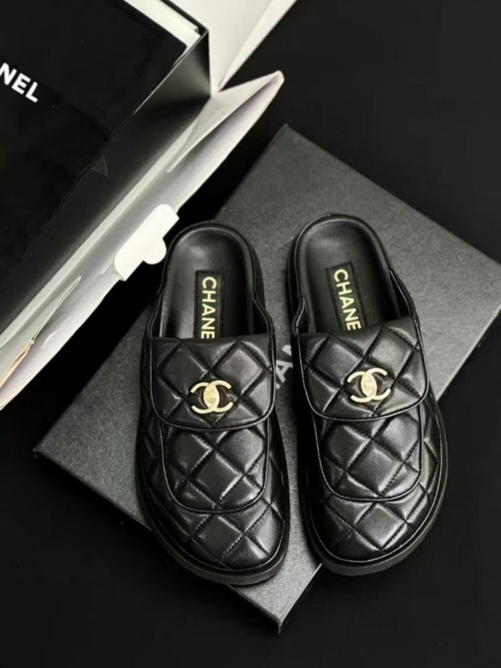 CHANEL Quilted CC Logo Platform Mule Slides